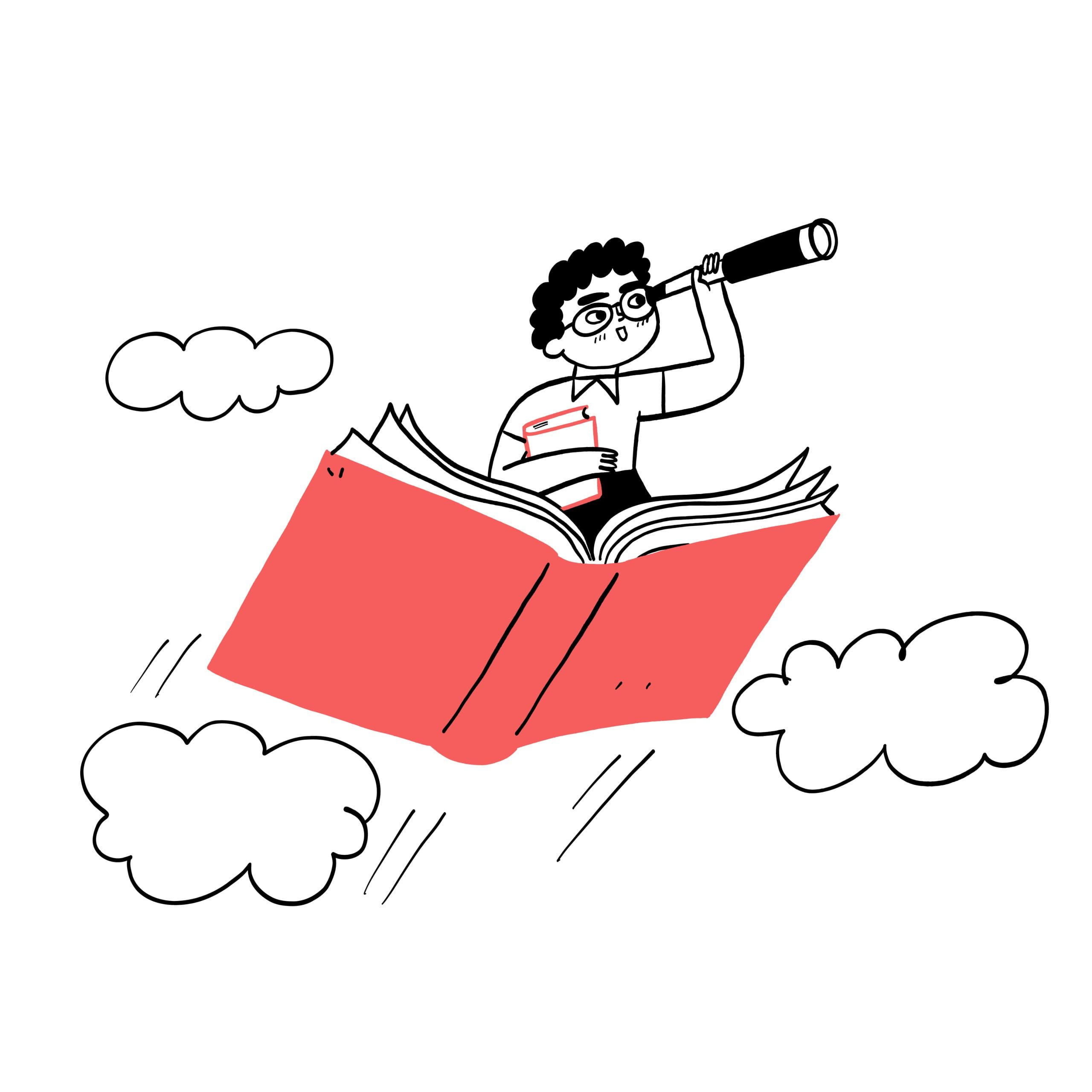 Happy cute child flying on the book on white background.